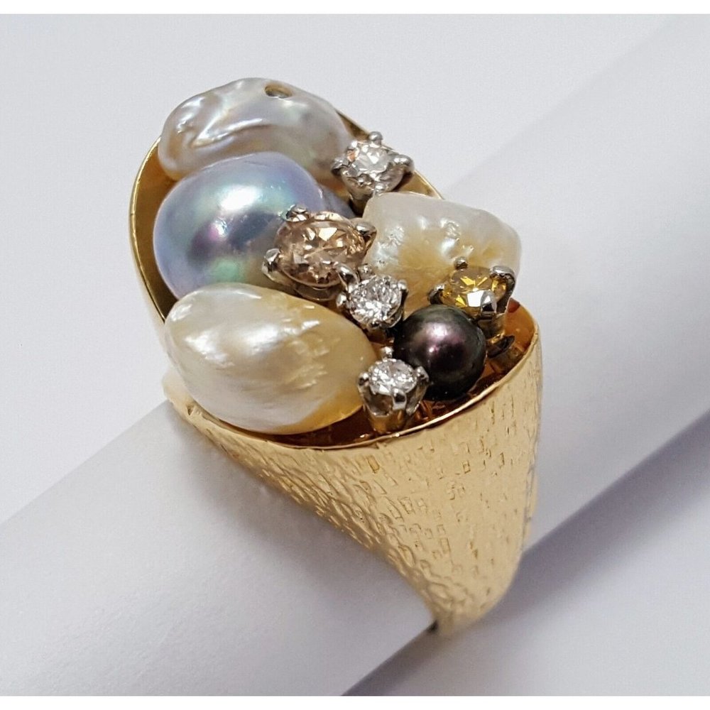 Unique 14K Solid Yellow Gold Treasure Basket Multi Color Pearl & Diamond Ring